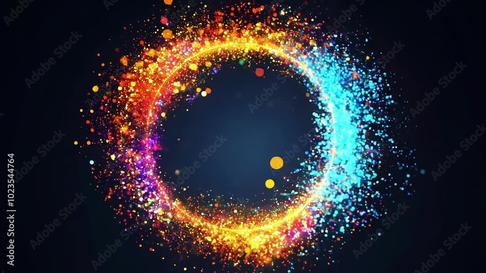 Poster abstract background with a circular frame made of colorful particles swirling around a dark backdrop