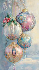 Vintage christmas balls hanging in the clouds.