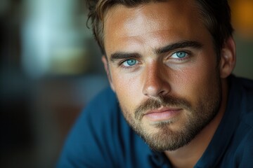 Obraz premium Close-up of an intense blue-eyed man with a serious expression, highlighting his strong features and direct gaze. Captured in a crisp, clear portrait style with neutral tones.