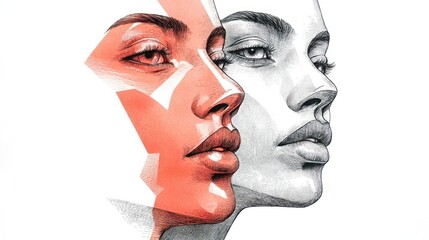 A stylized illustration of two female profiles, one in color and one in monochrome.