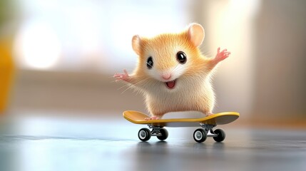 Obraz premium Adorable Hamster Riding Miniature Skateboard in Playful Action