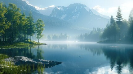 Naklejka premium A quiet, serene landscape, early morning light, a mountain, or a peaceful lakeside.