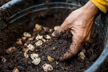 Hand in a Pot of Soil with Seeds or Nuts