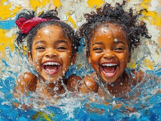 joyful black children laughing and splashing in a vibrant blue pool under a sunny sky, with shimmering water reflecting the bright colors around them