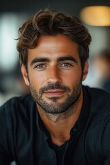 Fototapeta premium A charming man with tousled hair and a charismatic smile poses in a relaxed ambiance, exuding confidence and poise, projecting warmth and approachability in a casual atmosphere.