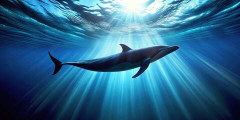 Graceful whale swimming in clear blue tropical ocean water silhouette