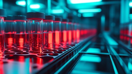 Colorful laboratory scene showcasing vials filled with liquid, illuminated by vibrant blue and red lights, emphasizing scientific research.