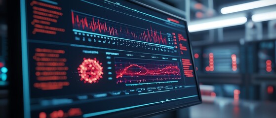 High-tech screen displaying data analysis and graphs in a futuristic environment, ideal for technology, science, and research themes.