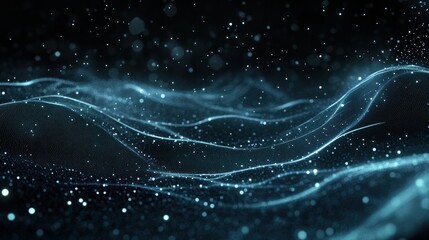 Abstract Blue and Black Wavy Background with Glowing Particles