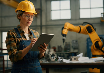 Female factory worker in overalls and hardhat is using digital tablet while controlling robotic arm in factory