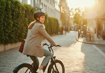 Young professional woman riding electric bicycle in the city during sunny summer day