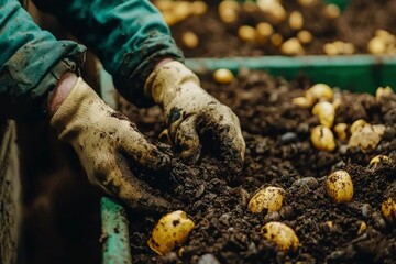 Hands in Gloves Sorting Potatoes in Soil