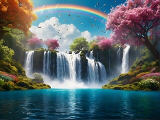 A breathtaking scenic waterfall accompanied by a vibrant rainbow and a small boat at sunset