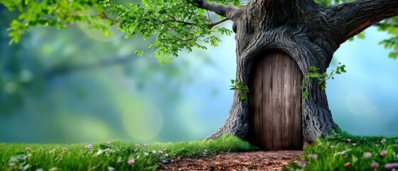Fototapeta premium A whimsical tree with a wooden door nestled in its trunk, surrounded by lush green grass and vibrant foliage.