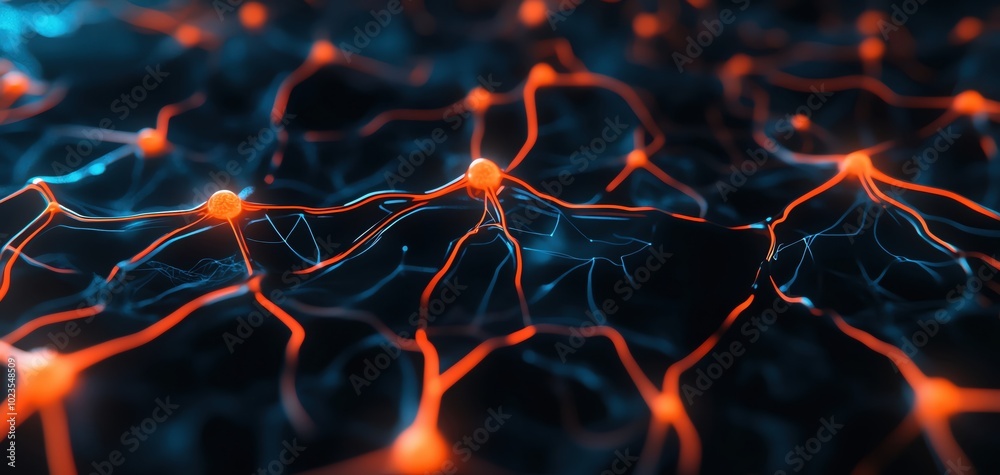 Poster Abstract representation of interconnected neural networks with glowing lines on a dark background.