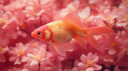 Fototapeta premium A lively goldfish with radiant scales navigates through a sea of vivid pink cherry blossoms, creating a striking and harmonious fusion of aquatic life and floral beauty.