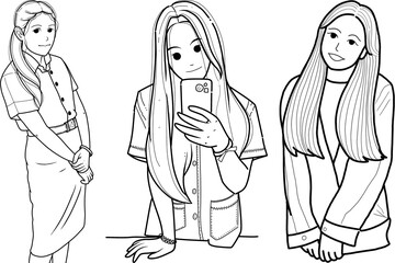 Cute cartoon line drawings, different contexts