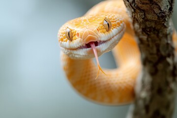 Fototapeta premium Deadly Venomous Snake Coiling Around Tree Branch with Exposed Fangs in Close-up View