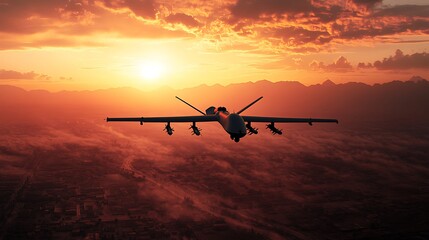 Fototapeta premium A drone flying over a landscape during sunset, showcasing its silhouette against a dramatic sky.