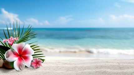 Colorful flowers resting on a sandy beach with a serene ocean view in the background under a clear blue sky.