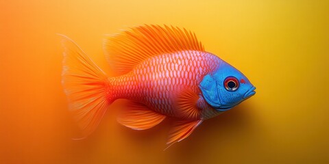 Fototapeta premium The image portrays a vibrant fish swimming gracefully against a vivid background of yellow and orange hues, showcasing an intricate blend of color and aquatic elegance.