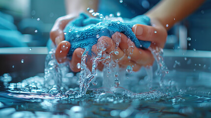 Close-up of a housekeeper squeezing a blue cleaning cloth over the sink, with water droplets splashing