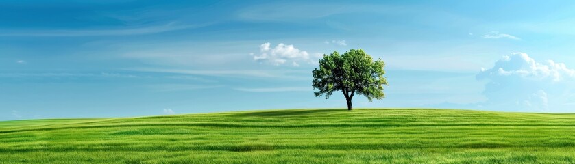 Obraz premium A serene landscape featuring a solitary tree on a grassy hill under a clear blue sky.