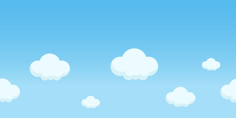 Blue horizontal background with white clouds. Patterned clear sky design for web banner, print, cover, decoration.