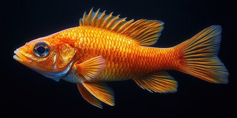 Fototapeta premium Vividly illuminated, this goldfish displays a rich golden hue with intricate scale patterns and graceful fins, capturing the essence of underwater beauty in stunning detail.