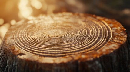 Fototapeta premium A close-up of a tree stump showcasing its circular growth rings illuminated by sunlight.