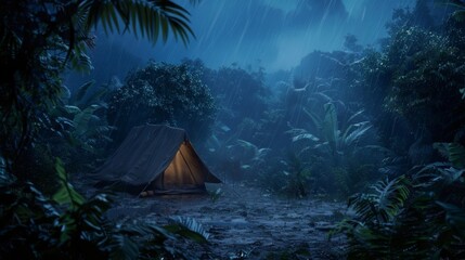 rain on the tent in the forest, tropic, quiet, calm, peaceful, meditation, camping, night, relax