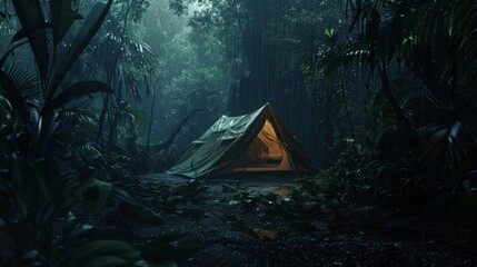 rain on the tent in the forest, tropic, quiet, calm, peaceful, meditation, camping, night, relax
