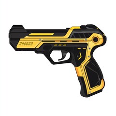 Fototapeta premium Stylish futuristic black and yellow handgun design on a white isolated background.