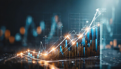 Bar graphs and line charts illustrate financial growth trends in a digital analysis format with vibrant colors and visual data representation