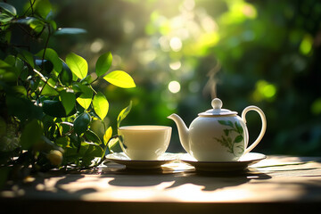 Fototapeta premium Tea set on outdoor wooden table, surrounded by leaves