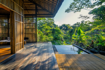Luxurious bamboo villa interior opening onto a lush tropical forest with a private plunge pool