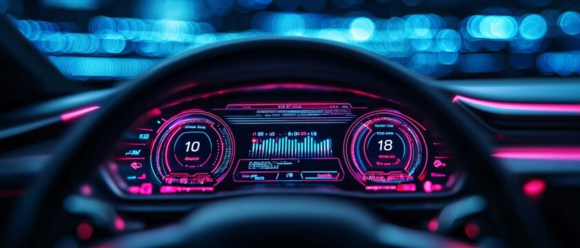 Futuristic EV Car Dashboard with Glowing Digital Displays in Low Light Close-up