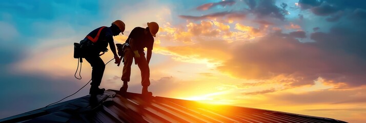 Roofers working on a building during sunset, showcasing teamwork and construction skills in an outdoor setting.