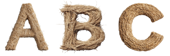 Rustic boho lettering typography,transparent background PNG. Letters A,B, C.