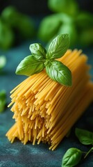 Fresh basil leaves artistically placed on a neat stack of uncooked spaghetti resting on a textured green surface, evoking a sense of freshness and culinary inspiration.