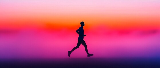 Naklejka premium Solitary Jogger at Dawn - Silhouette of a Person Running in Misty Isolation and Introspection, Wide Shot Atmospheric Photo