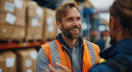 Fototapeta premium CEO of a shipping company greeting employees. Generative AI.