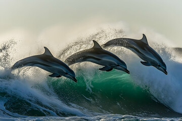 Fototapeta premium Three dolphins leap over a wave in the ocean.