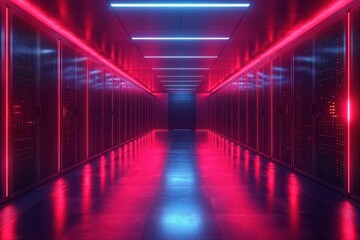 Fototapeta premium modern server room illuminated by advanced cooling systems and led indicators showcasing the intricate network of technology and innovation in a sleek organized environment