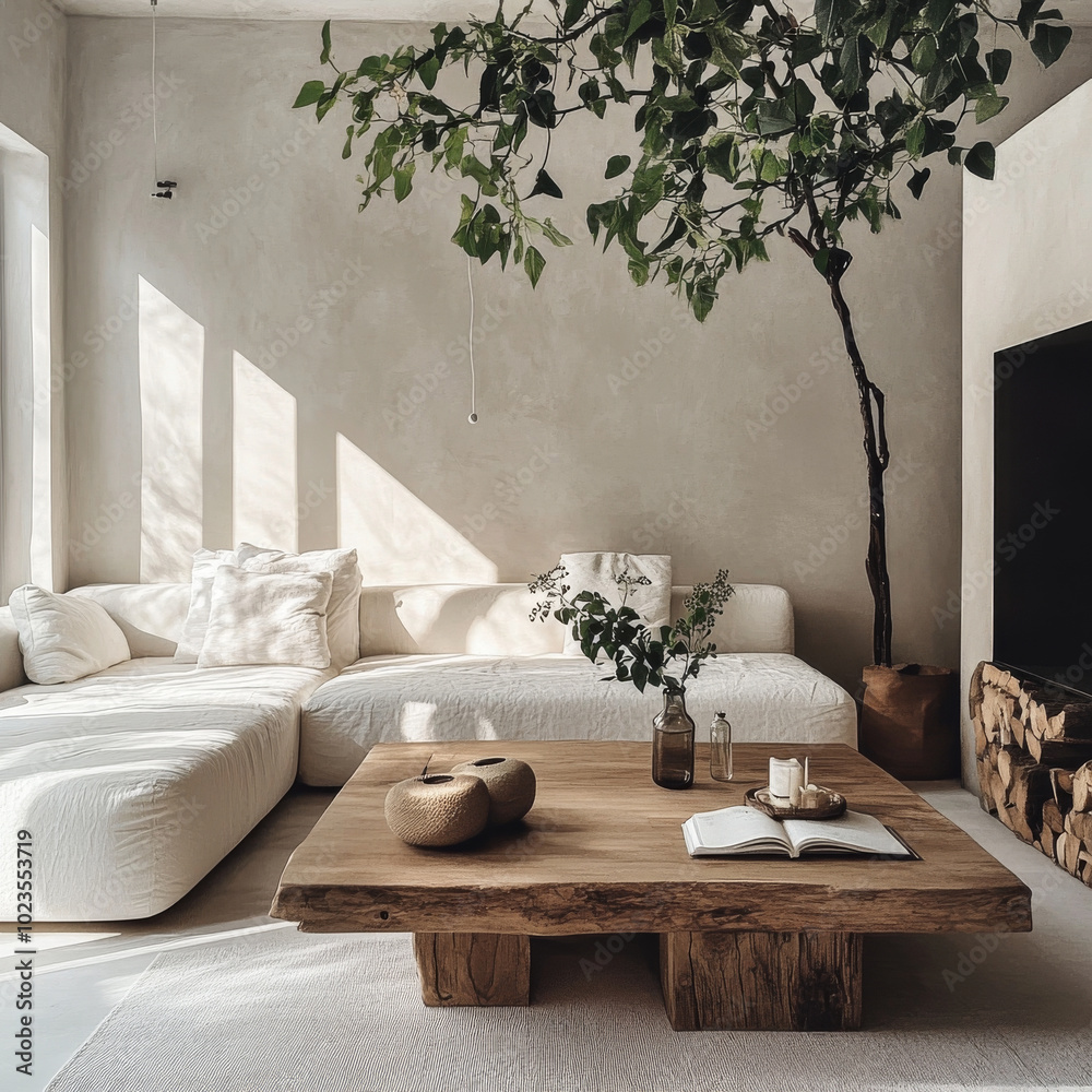 Sticker A serene living room featuring cozy white sectional sofa, rustic wooden coffee table, and beautiful indoor tree. Natural light streams in, creating warm and inviting atmosphere