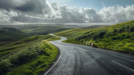 Fototapeta premium Tranquil Journey Serene Road Amidst Lush Hills and Grazing Sheep under Dramatic Sky