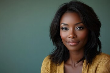 Obraz premium A beautifully lit portrait of a woman exuding confidence and warmth, with her dark hair matching the deep tone of her mustard sweater against a calming background.