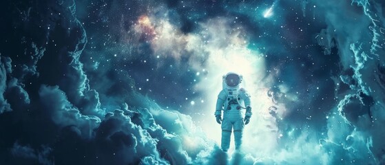 Astronaut in white spacesuit, helmet, and black visor floats in cosmic backdrop, hand on hip, facing right. Background: deep blue with star clusters, vastness of universe evoked.