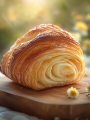 Fototapeta premium A delicious, golden-brown flaky pastry sits enticingly on a wooden board, showcased under gentle light that highlights its multi-layered texture, inviting indulgence and joy.