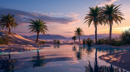 Obraz premium Twilight Oasis Serene Desert Pool with Palm Trees Reflecting the Last Light of Day